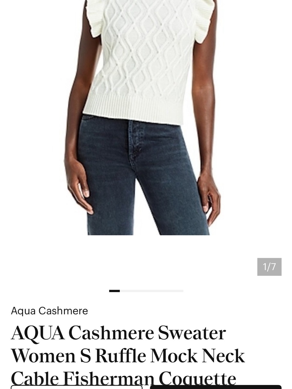 Aqua Cream Cashmere Cable Knit Ruffle Sleeve Mock Neck Sweater